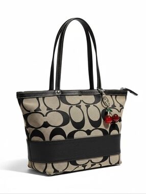 Coach Signature City Zip Canvas Tote with Cherry Charm
